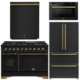 FORNO Antico Package - 48" Gas Range, 36" Refrigerator with Ice Maker, Dishwasher and 24" Microwave Drawer in Black with Antique Brass Accents