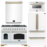 FORNO Antico Package - 48" Gas Range, 36" Refrigerator with Ice Maker, Dishwasher and 24" Microwave Drawer in White with Antique Brass Accents