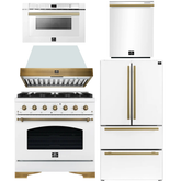 FORNO Antico Package - 36" Dual Fuel Range, Range Hood, 36" Refrigerator with Ice Maker, Dishwasher and 24" Microwave Drawer in White with Antique Brass Accents