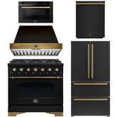 FORNO Antico Package - 36" Gas Range, Range Hood, 36" Refrigerator with Ice Maker, Dishwasher and 24" Microwave Drawer in Black with Antique Brass Accents