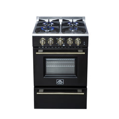 Forno Breno 24-Inch Freestanding Gas Range, 2.3 Cu. Ft. Oven, 4 Sealed Burners, Storage Drawer, Air Fryer Kit, Black with Antique Brass Accents (FFSGS6272-24BLK)