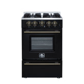 Forno Breno 24-Inch Freestanding Gas Range, 2.3 Cu. Ft. Oven, 4 Sealed Burners, Storage Drawer, Air Fryer Kit, Black with Antique Brass Accents (FFSGS6272-24BLK)