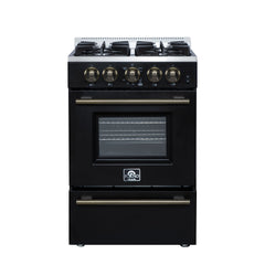 Forno Breno 24-Inch Freestanding Gas Range, 2.3 Cu. Ft. Oven, 4 Sealed Burners, Storage Drawer, Air Fryer Kit, Black with Antique Brass Accents (FFSGS6272-24BLK)