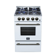 FORNO Breno 24-Inch Freestanding Gas Range, 2.3 cu. ft. Oven, 4 Sealed Burners, Storage Drawer, Air Fryer Kit, White with Antique Brass Accents (Model FFSGS6272-24WHT)