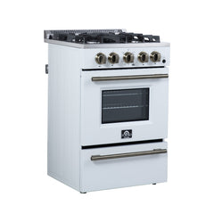 FORNO Breno 24-Inch Freestanding Gas Range, 2.3 cu. ft. Oven, 4 Sealed Burners, Storage Drawer, Air Fryer Kit, White with Antique Brass Accents (Model FFSGS6272-24WHT)