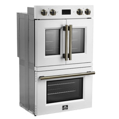 FORNO Asti 30-Inch French Door Double Electric Wall Oven, 7.36 cu. ft., Air Fry, Self-Clean, Sous Vide, White with Antique Brass Accents (FBOEL1340-30WHT)