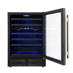 FORNO Bacchino 24-Inch Dual Zone Wine Cooler, 51-Bottle Capacity, Triple-Glass Door, Black with Antique Brass Accents (FWCDR6634-24KBLK)