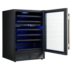 FORNO Bacchino 24-Inch Dual Zone Wine Cooler, 51-Bottle Capacity, Triple-Glass Door, Black with Antique Brass Accents (FWCDR6634-24KBLK)