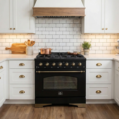 Forno Antico 36-Inch Dual Fuel Range, 4.5 cu. ft., 6 Sealed Burners, Black with Antique Brass Accents (Model FFSGS6113-36BLK)
