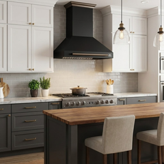 Forno Aria 30-Inch Wall-Mounted Convertible Range Hood, 600 CFM, Black with Antique Brass Accents (Model FRHWM5095-30BLK)