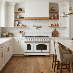 FORNO Antico 48-Inch Freestanding Gas Range, 8 Sealed Burners, Griddle, 5.5 cu. ft. Oven, White with Antique Brass Accents (FFSGS6219-48WHT)