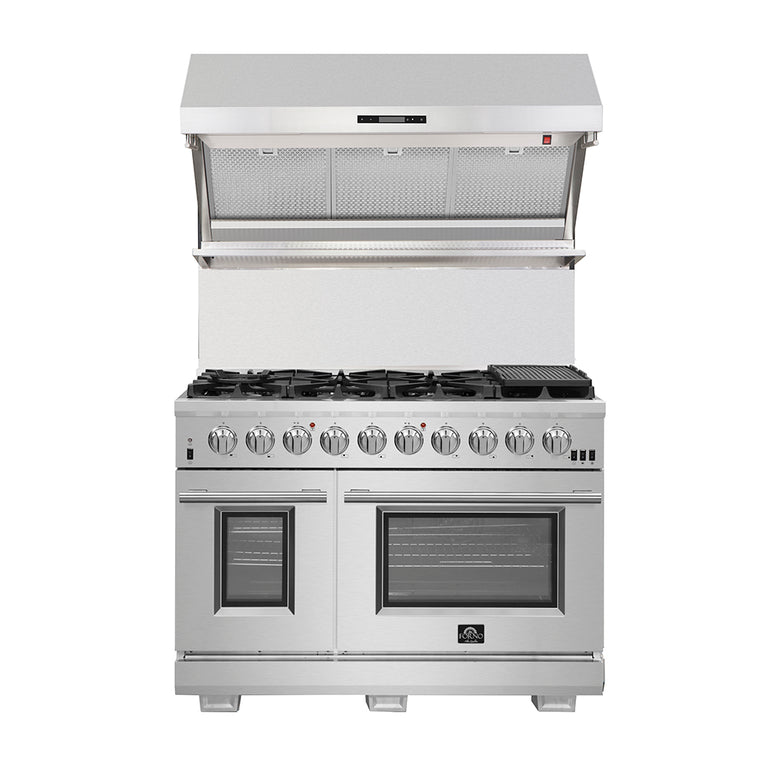 FORNO Appliance Package - 48" Gas Range, 48" Range Hood, Dishwasher, 48" Refrigerator, Microwave Drawer, Wine Cooler, AP-FFSGS6244-48-14