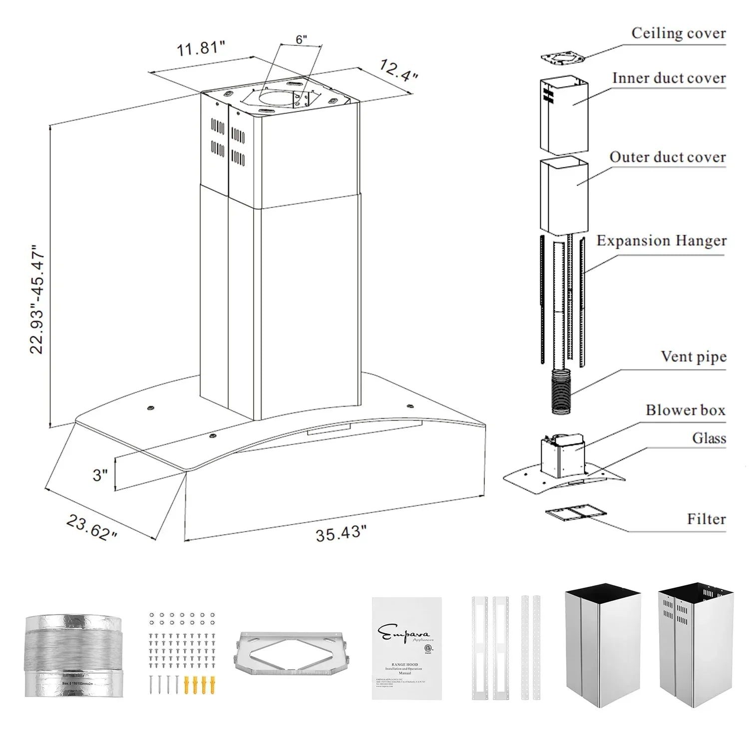 Empava 36-Inch 400 CFM Kitchen Island Wall Mount Ducted Range Hood (EMPV-36RH09)