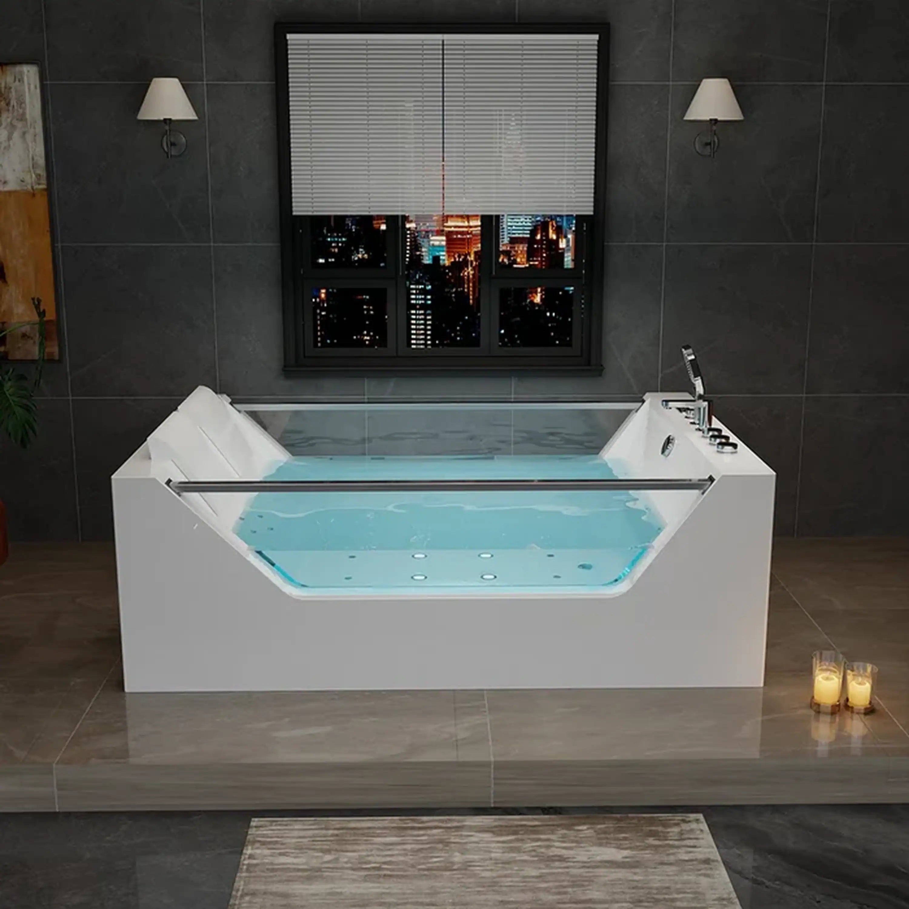 Empava 71-Inch Freestanding Combo Massage Whirlpool Inline Heater 2-Person Bathtub with Dual Glass Design (EMPV-71PRO01)