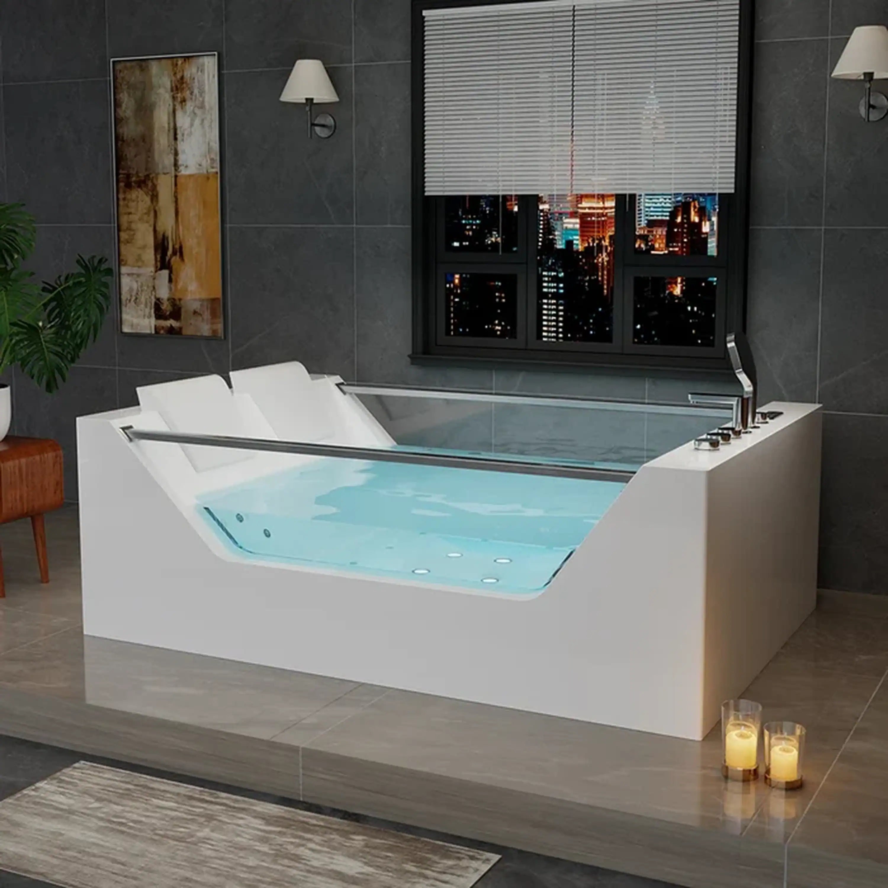 Empava 71-Inch Freestanding Combo Massage Whirlpool Inline Heater 2-Person Bathtub with Dual Glass Design (EMPV-71PRO01)