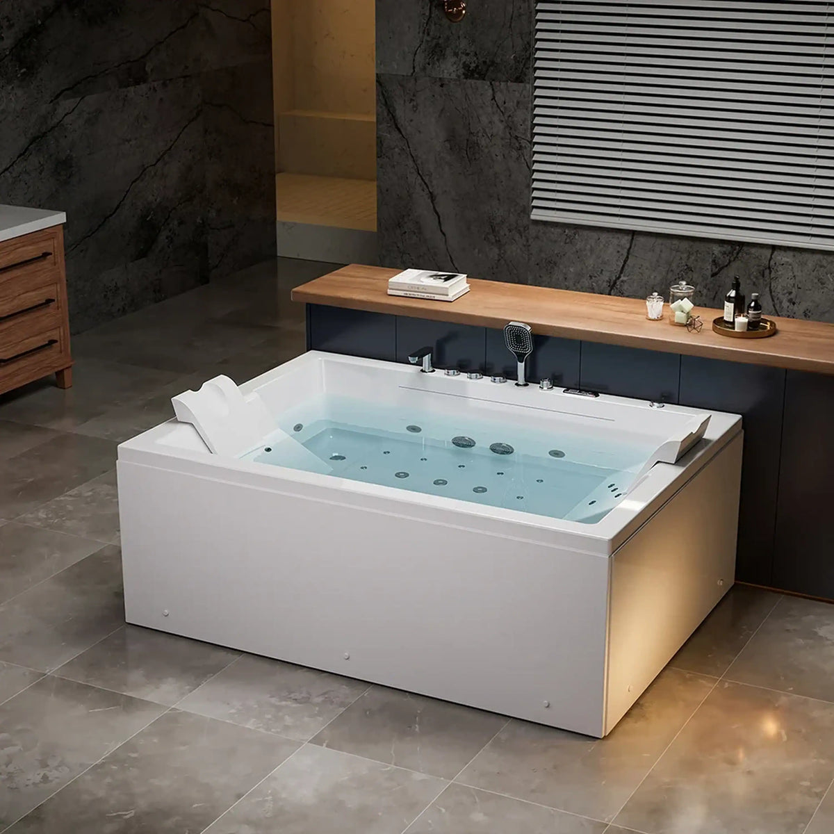 Empava 71-Inch Alcove Inline Heater Combo Massage Whirlpool 2-Person Tub with Waterfall (EMPV-71PRO02)