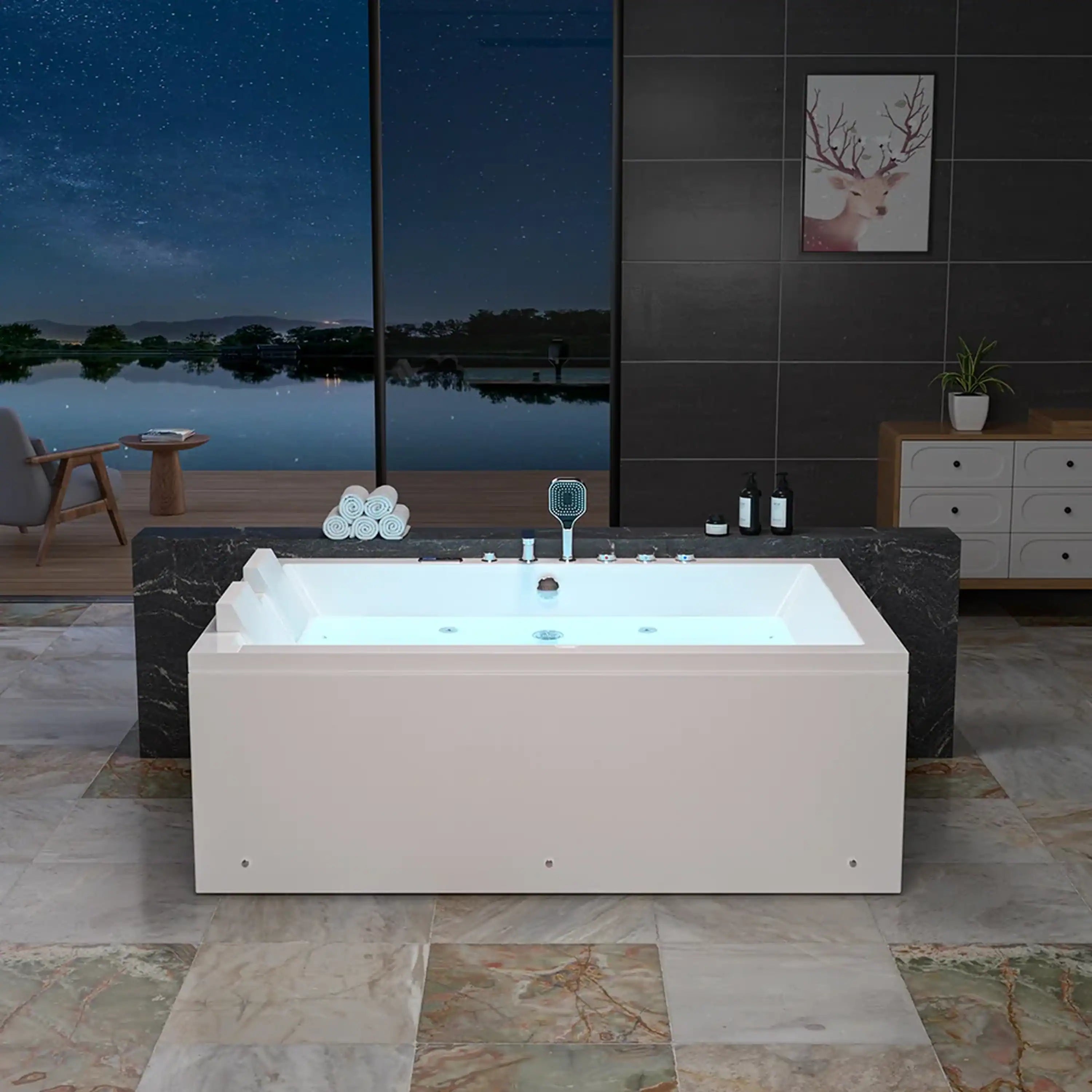 Empava 71-Inch Alcove Dual Massage Whirlpool Inline Heater 2-Person Bathtub with Center Drain (EMPV-71PRO04)