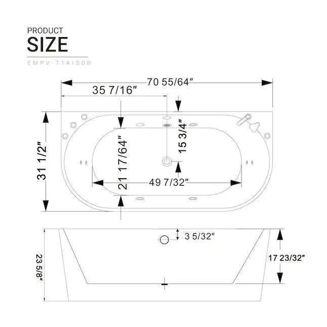 Empava 71-Inch Whirlpool Acrylic Alcove Bathtub (EMPV-71AIS08)