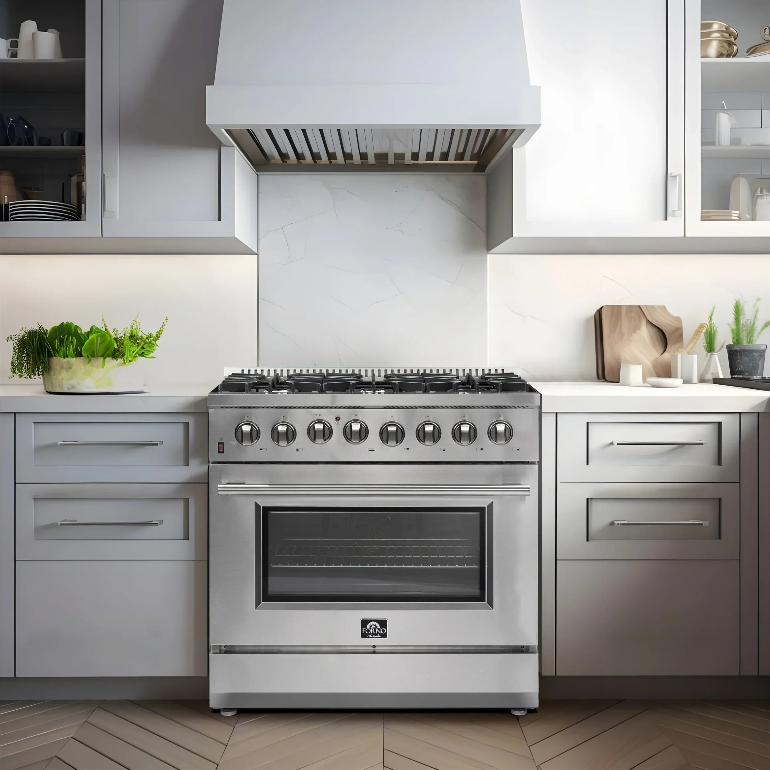 FORNO Appliance Package - 36 Inch Dual Fuel Range, Wall Mount Range Hood, Microwave Drawer, AP-FFSGS6156-36-W-3