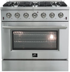 FORNO Appliance Package - 36 Inch Gas Range, 60 Inch Refrigerator, Microwave Drawer, Dishwasher, AP-FFSGS6244-36-7