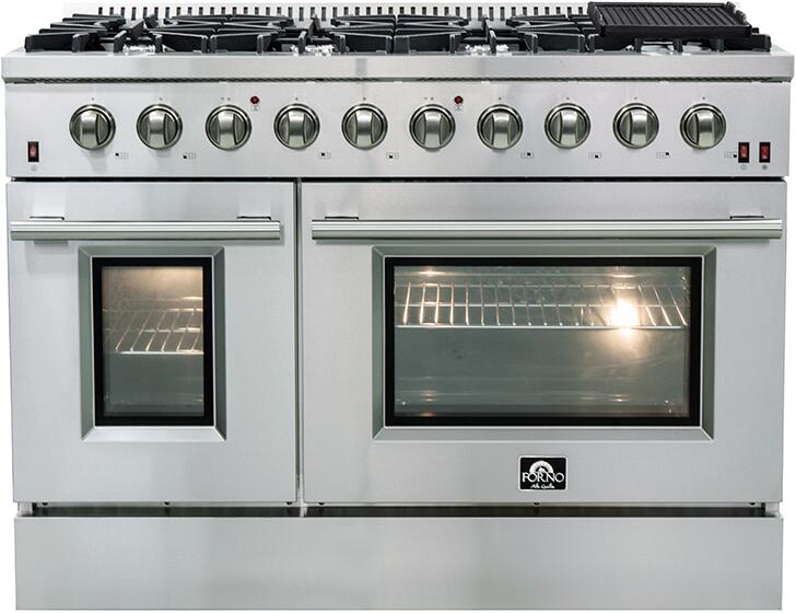 FORNO Appliance Package - 48 Inch Gas Range, Wall Mount Range Hood, Microwave Drawer, Dishwasher, AP-FFSGS6244-48-6