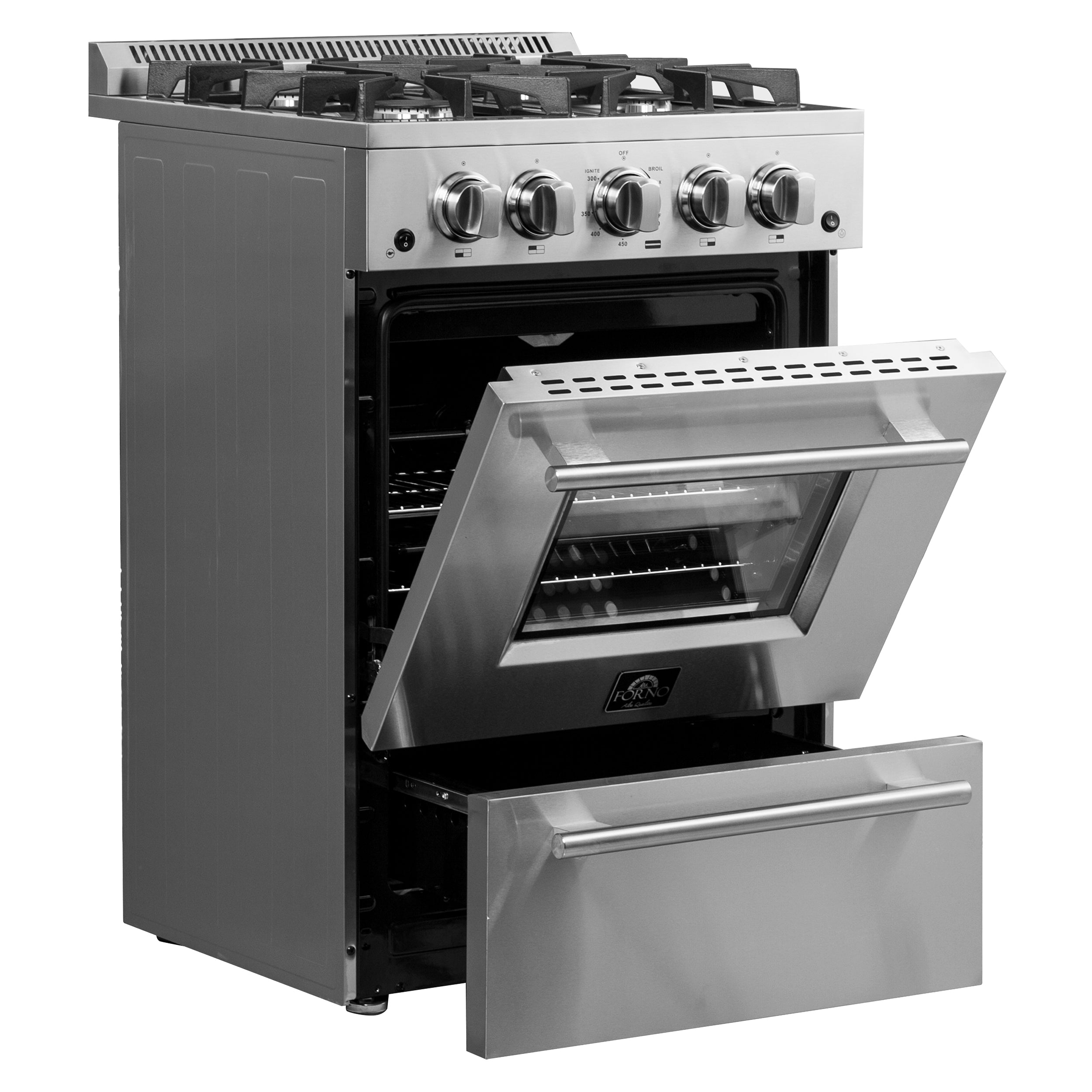 Forno Breno 24 in. Freestanding Gas Range, 2.3 cu. ft., 4 Sealed Burners, Storage Drawer, Stainless Steel (Model FFSGS6272-24)