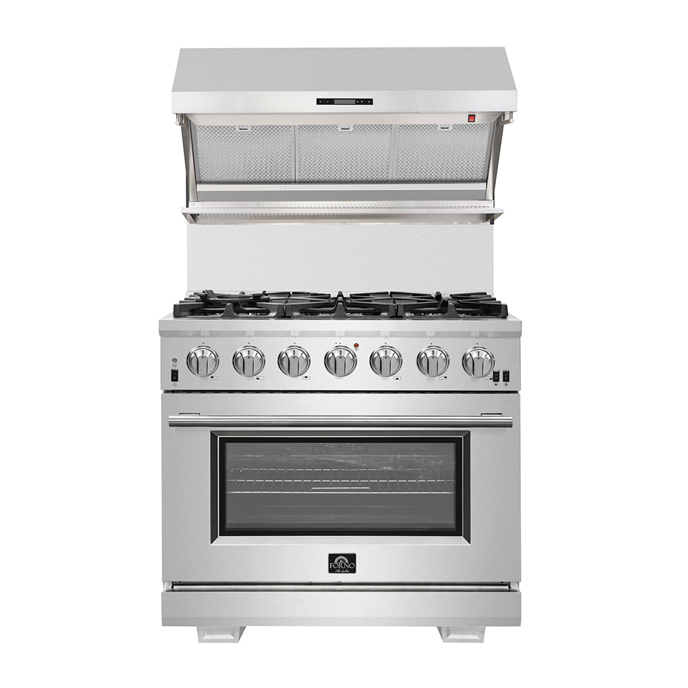 FORNO Appliance Package - 36 Inch Pro Gas Range, Wall Mount Range Hood, Microwave Drawer, AP-FFSGS6260-36-3