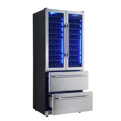 FORNO Campania 32-Inch Triple Zone French Door Wine Cooler with Dual Beverage Drawers, 120-Bottle Capacity (Model FWCDR6635-32S)
