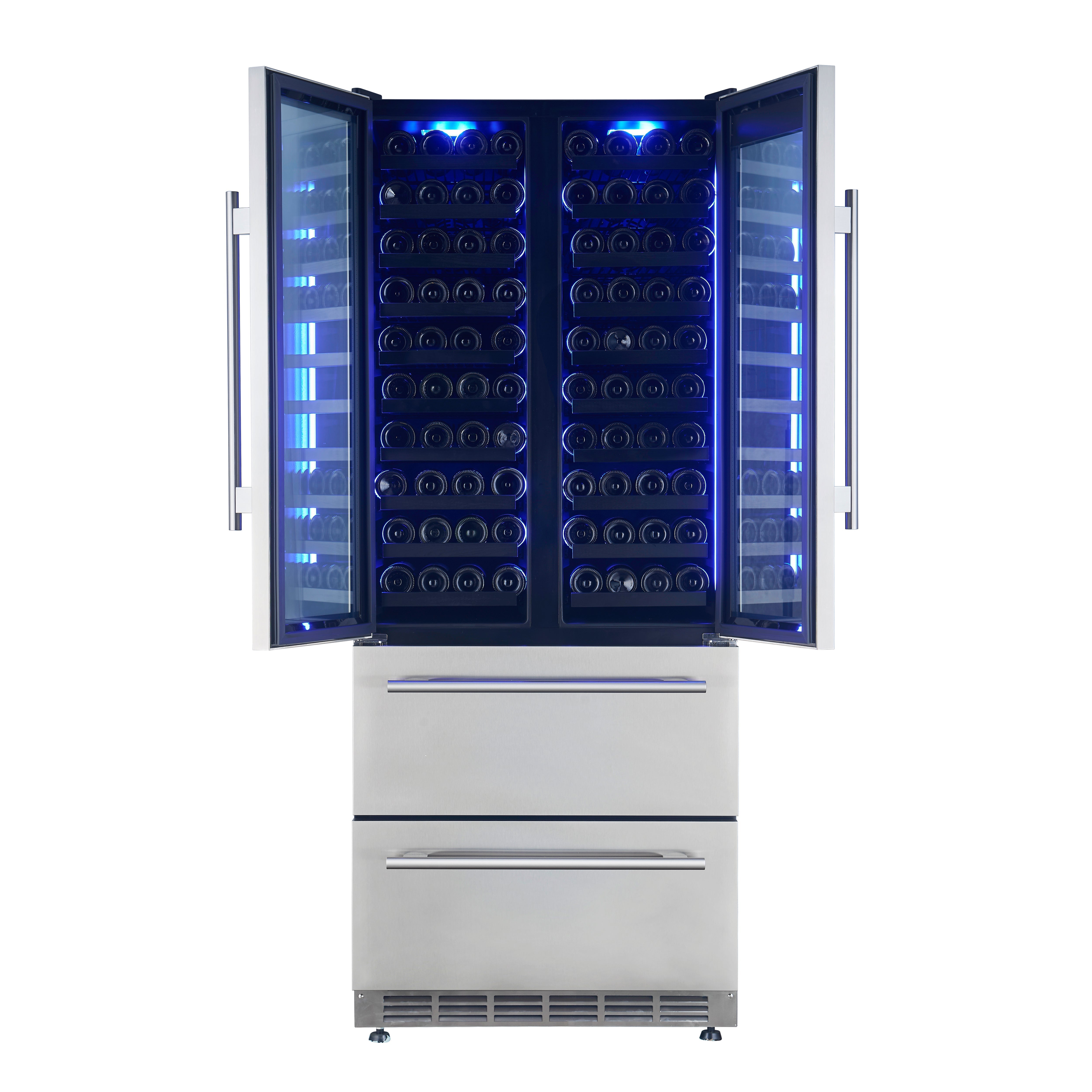 FORNO Campania 32-Inch Triple Zone French Door Wine Cooler with Dual Beverage Drawers, 120-Bottle Capacity (Model FWCDR6635-32S)