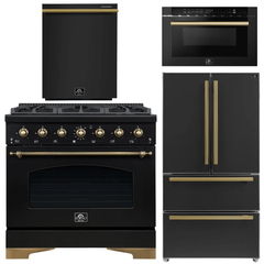 FORNO Antico Package - 36" Gas Range, 36" Refrigerator with Ice Maker, Dishwasher and 24" Microwave Drawer in Black with Antique Brass Accents