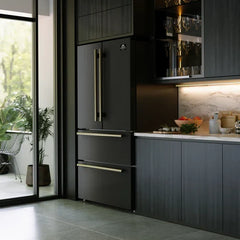 FORNO Antico Package - 48" Gas Range, 36" Refrigerator with Ice Maker, Dishwasher and 24" Microwave Drawer in Black with Antique Brass Accents