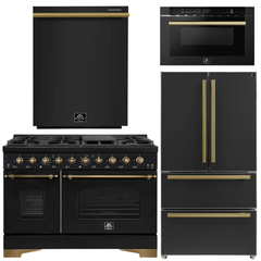 FORNO Antico Package - 48" Gas Range, 36" Refrigerator with Ice Maker, Dishwasher and 24" Microwave Drawer in Black with Antique Brass Accents