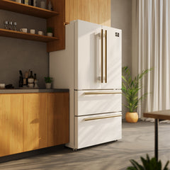 FORNO Antico Package - 36" Gas Range, 36" Refrigerator with Ice Maker, Dishwasher and 24" Microwave Drawer in White with Antique Brass Accents