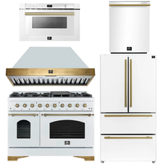 FORNO Antico Package - 48" Dual Fuel Range, Range Hood, 36" Refrigerator with Ice Maker, Dishwasher and 24" Microwave Drawer in White with Antique Brass Accents
