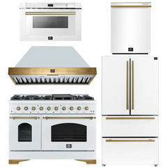 FORNO Antico Package - 48" Gas Range, Range Hood, 36" Refrigerator with Ice Maker, Dishwasher and 24" Microwave Drawer in White with Antique Brass Accents