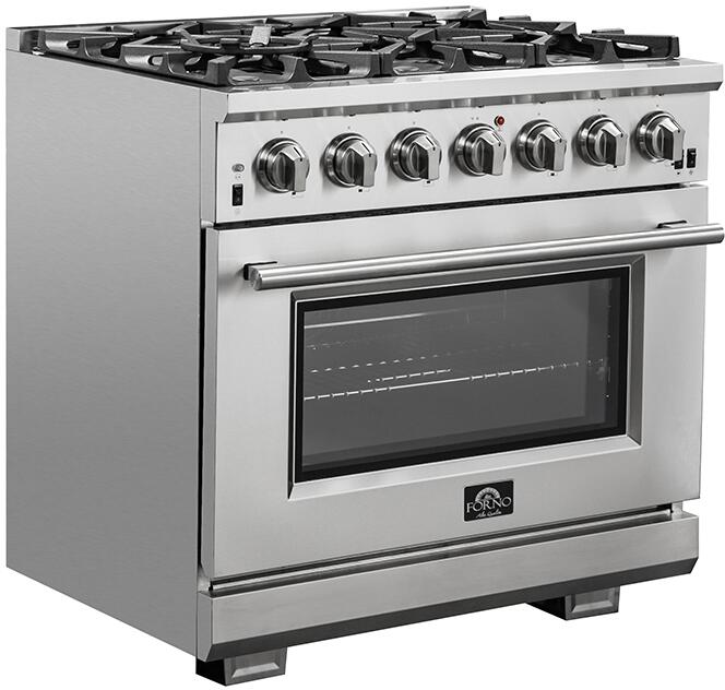 FORNO Appliance Package - 36 Inch Pro Gas Range, Range Hood, Refrigerator, Microwave Drawer, Dishwasher, Wine Cooler, AP-FFSGS6260-36-9