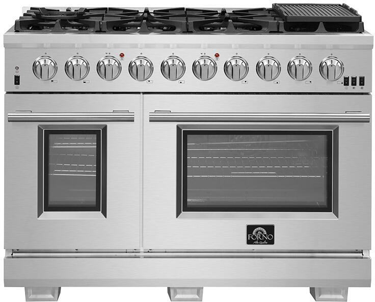 FORNO Appliance Package - 48 Inch Gas Burner/Electric Oven Pro Range, Wall Mount Range Hood, Refrigerator, AP-FFSGS6187-48-4