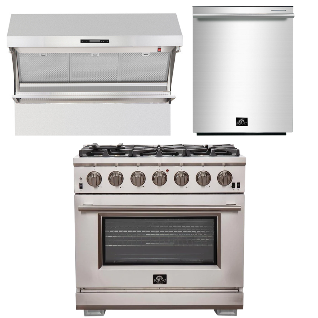 FORNO Appliance Package - 36 Inch Pro Gas Range, Wall Mount Range Hood, Dishwasher, AP-FFSGS6260-36-W-2