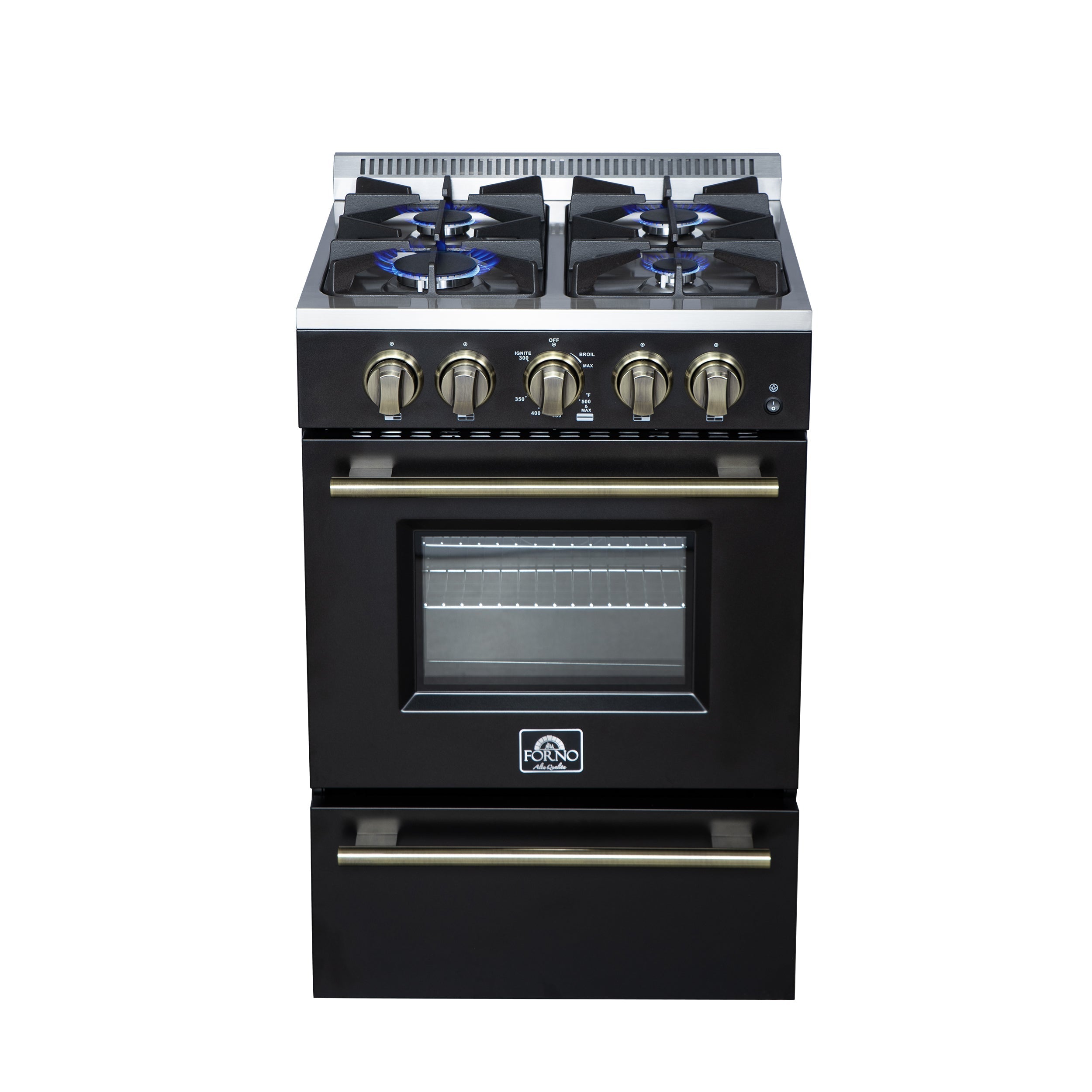 Forno Breno 24-Inch Freestanding Gas Range, 2.3 Cu. Ft. Oven, 4 Sealed Burners, Storage Drawer, Air Fryer Kit, Black with Antique Brass Accents (FFSGS6272-24BLK)
