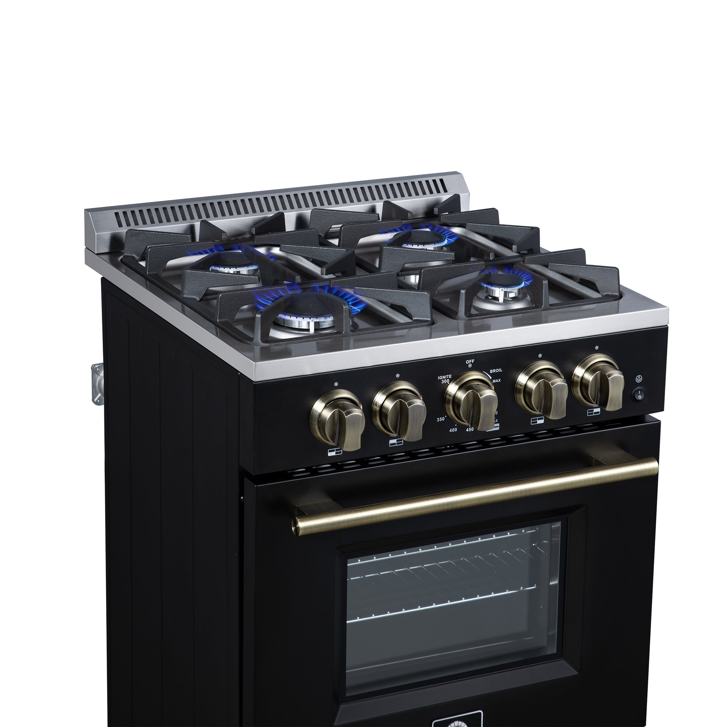 Forno Breno 24-Inch Freestanding Gas Range, 2.3 Cu. Ft. Oven, 4 Sealed Burners, Storage Drawer, Air Fryer Kit, Black with Antique Brass Accents (FFSGS6272-24BLK)
