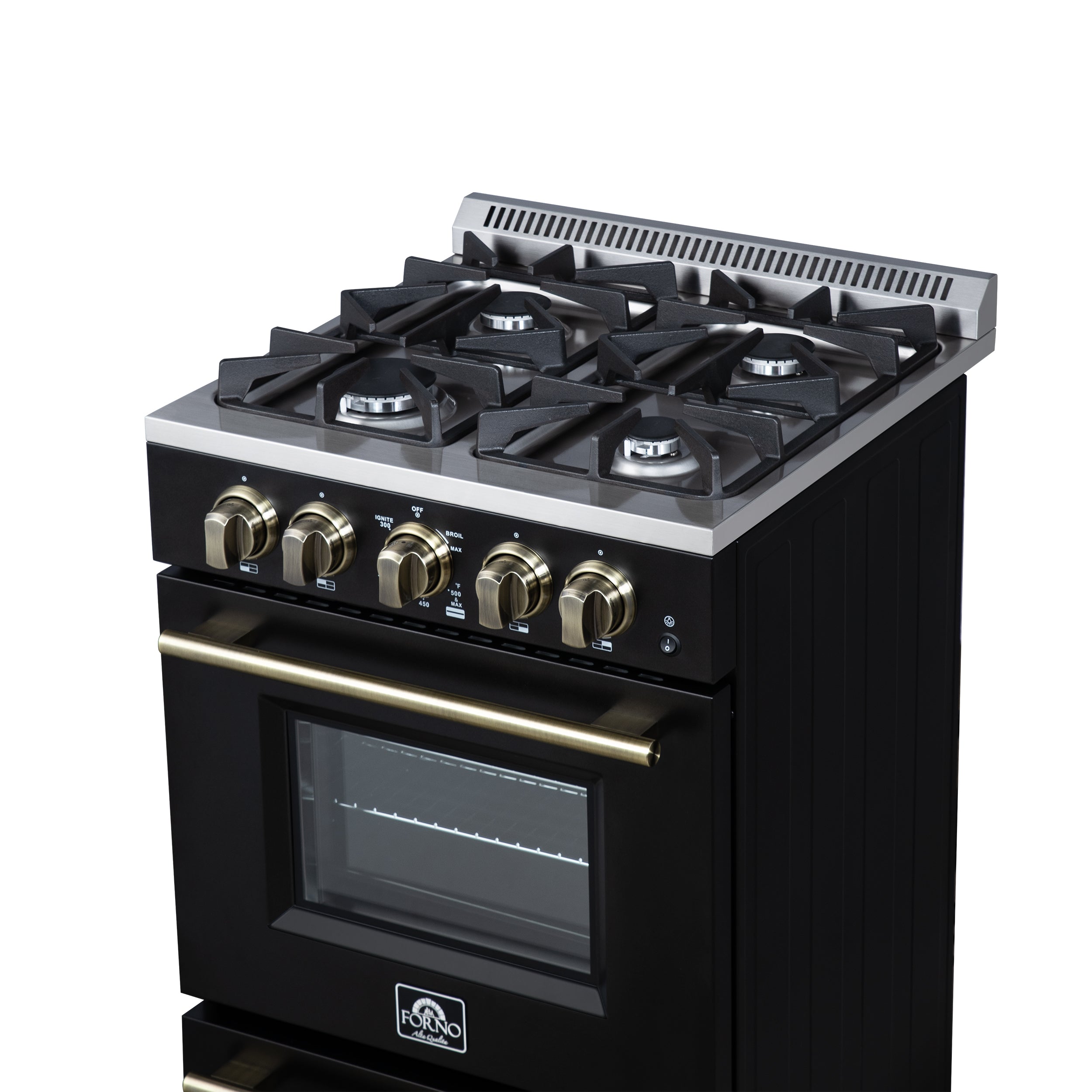 Forno Breno 24-Inch Freestanding Gas Range, 2.3 Cu. Ft. Oven, 4 Sealed Burners, Storage Drawer, Air Fryer Kit, Black with Antique Brass Accents (FFSGS6272-24BLK)