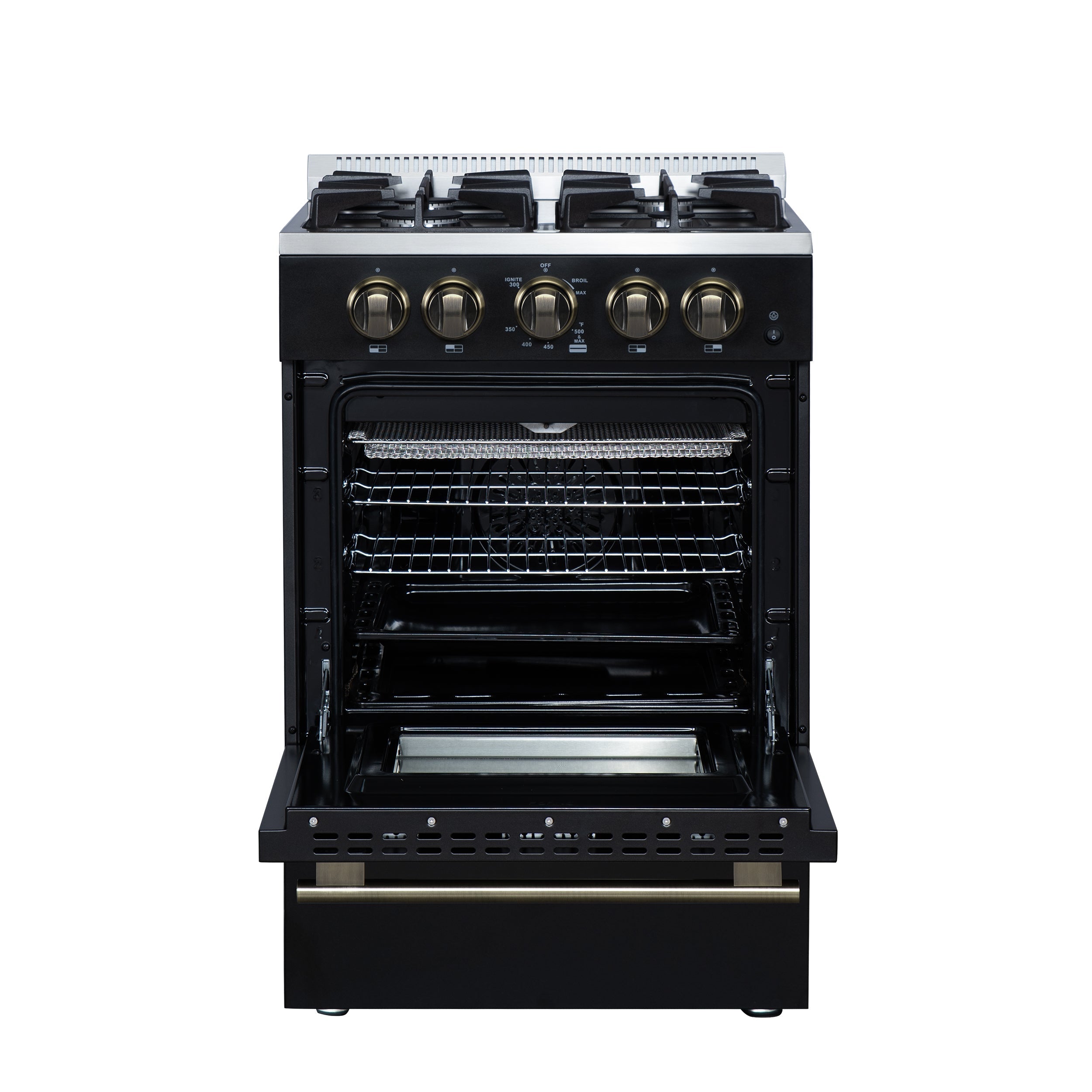 Forno Breno 24-Inch Freestanding Gas Range, 2.3 Cu. Ft. Oven, 4 Sealed Burners, Storage Drawer, Air Fryer Kit, Black with Antique Brass Accents (FFSGS6272-24BLK)