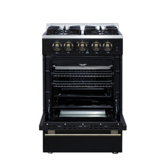 Forno Breno 24-Inch Freestanding Gas Range, 2.3 Cu. Ft. Oven, 4 Sealed Burners, Storage Drawer, Air Fryer Kit, Black with Antique Brass Accents (FFSGS6272-24BLK)