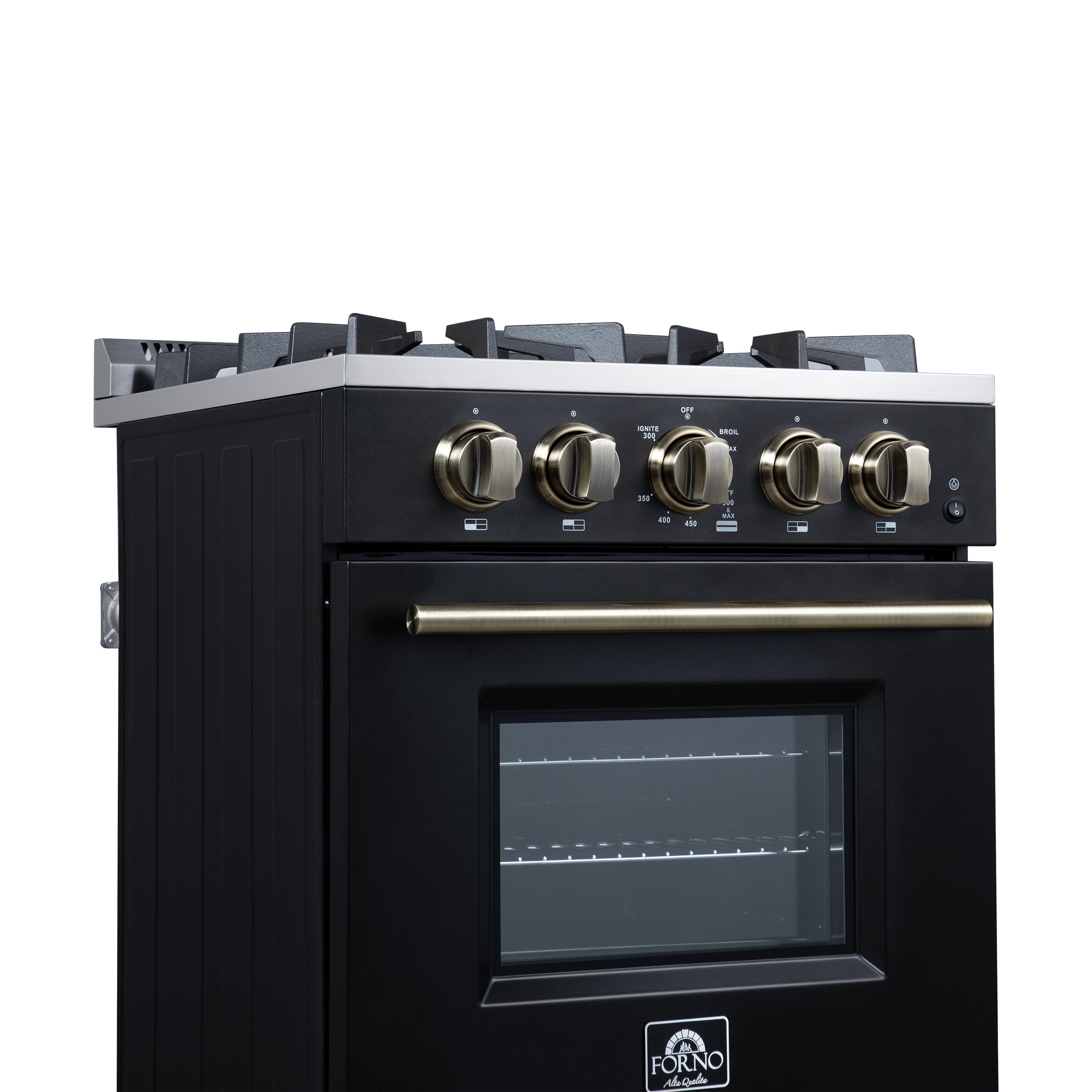 Forno Breno 24-Inch Freestanding Gas Range, 2.3 Cu. Ft. Oven, 4 Sealed Burners, Storage Drawer, Air Fryer Kit, Black with Antique Brass Accents (FFSGS6272-24BLK)