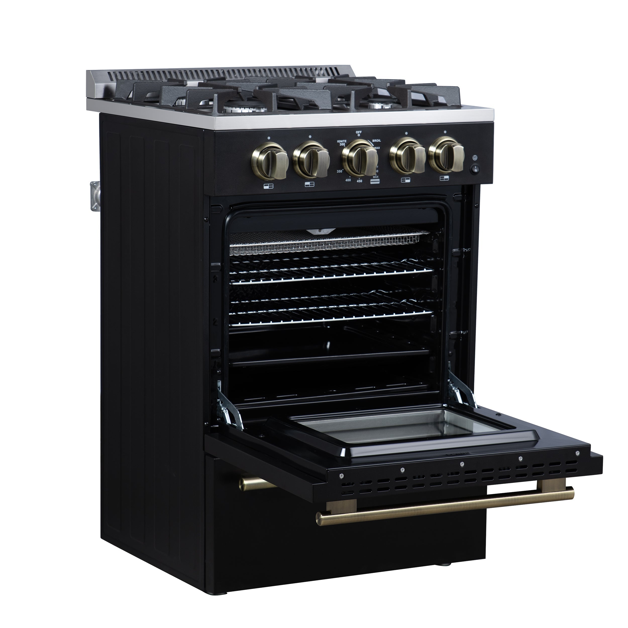 Forno Breno 24-Inch Freestanding Gas Range, 2.3 Cu. Ft. Oven, 4 Sealed Burners, Storage Drawer, Air Fryer Kit, Black with Antique Brass Accents (FFSGS6272-24BLK)