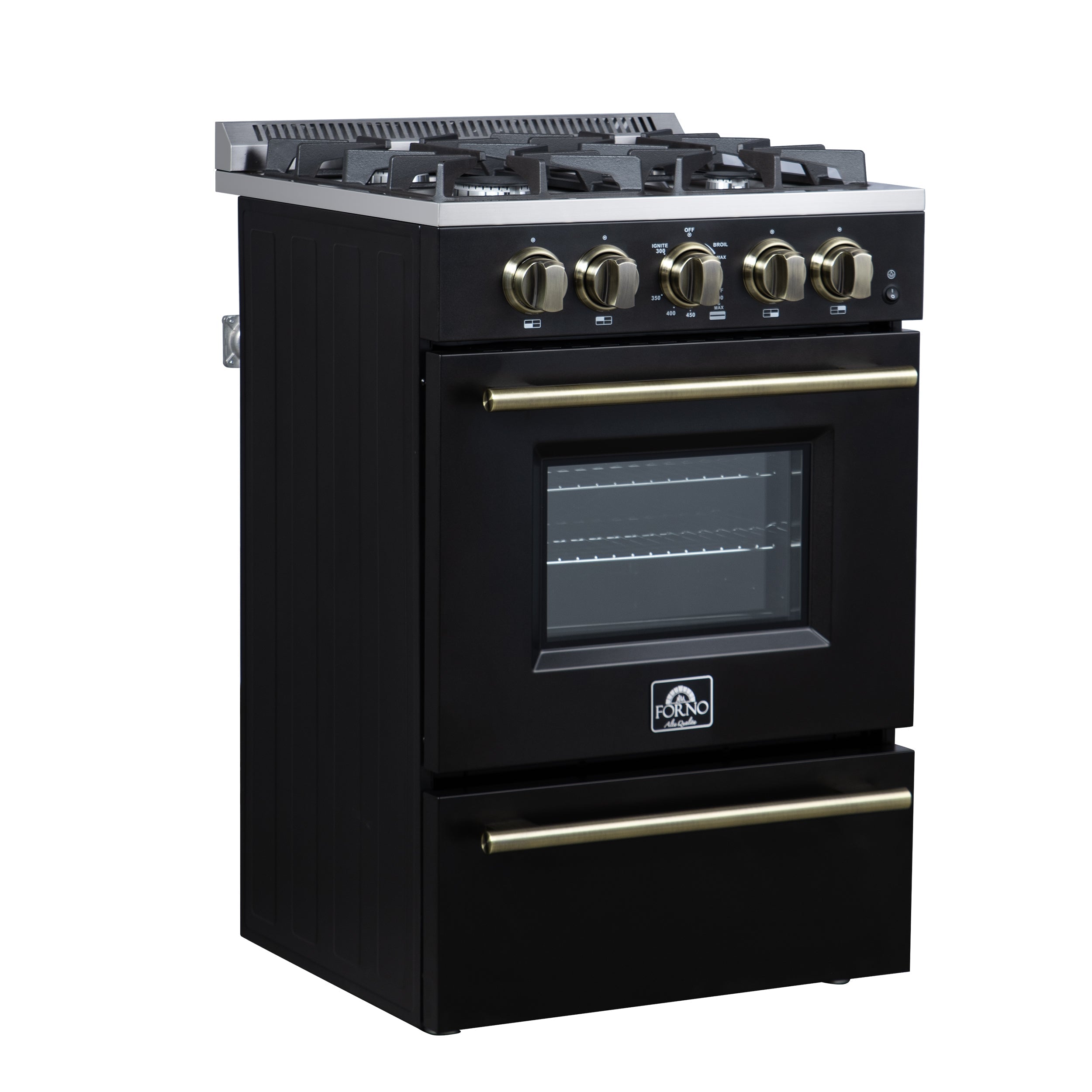 Forno Breno 24-Inch Freestanding Gas Range, 2.3 Cu. Ft. Oven, 4 Sealed Burners, Storage Drawer, Air Fryer Kit, Black with Antique Brass Accents (FFSGS6272-24BLK)