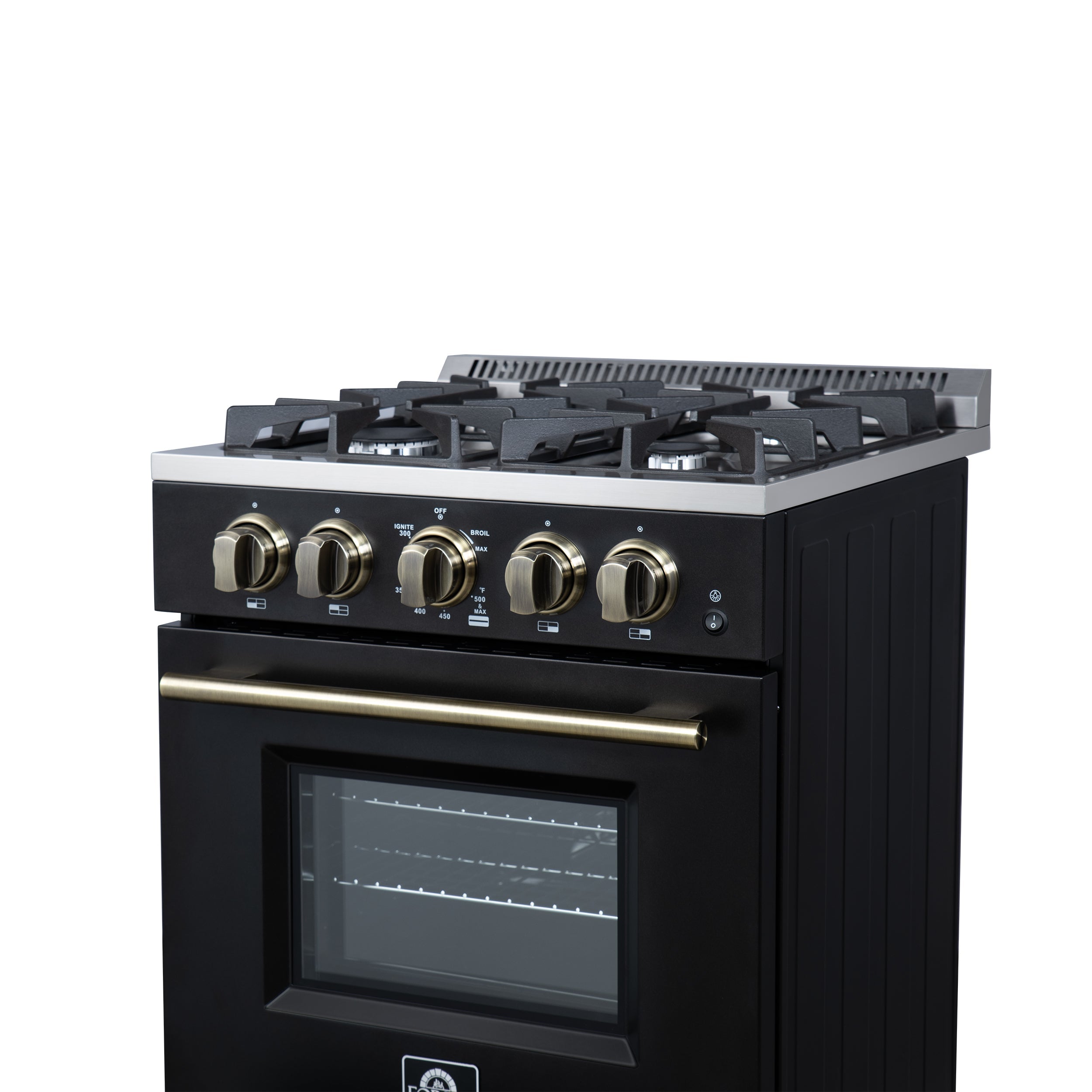 Forno Breno 24-Inch Freestanding Gas Range, 2.3 Cu. Ft. Oven, 4 Sealed Burners, Storage Drawer, Air Fryer Kit, Black with Antique Brass Accents (FFSGS6272-24BLK)