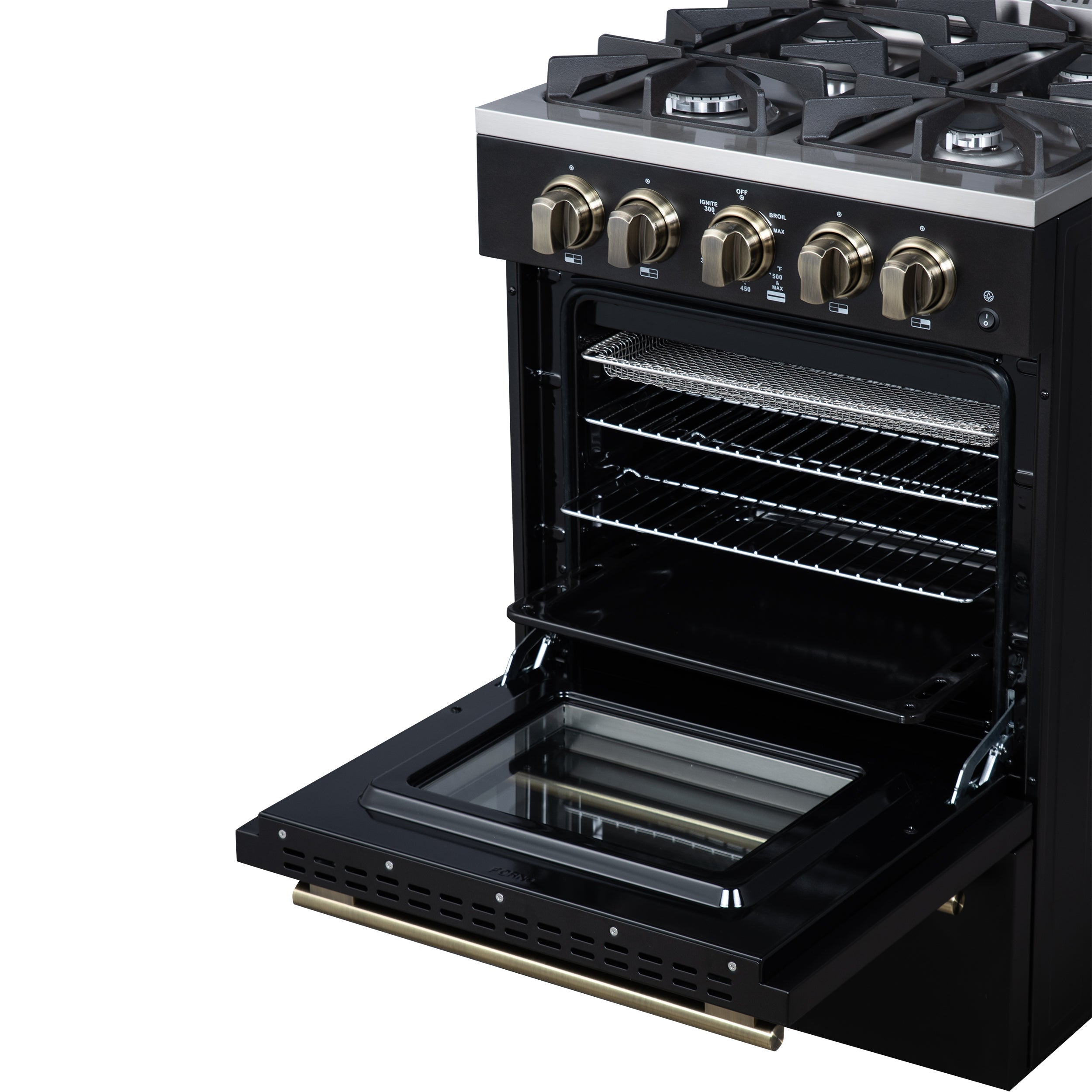 Forno Breno 24-Inch Freestanding Gas Range, 2.3 Cu. Ft. Oven, 4 Sealed Burners, Storage Drawer, Air Fryer Kit, Black with Antique Brass Accents (FFSGS6272-24BLK)