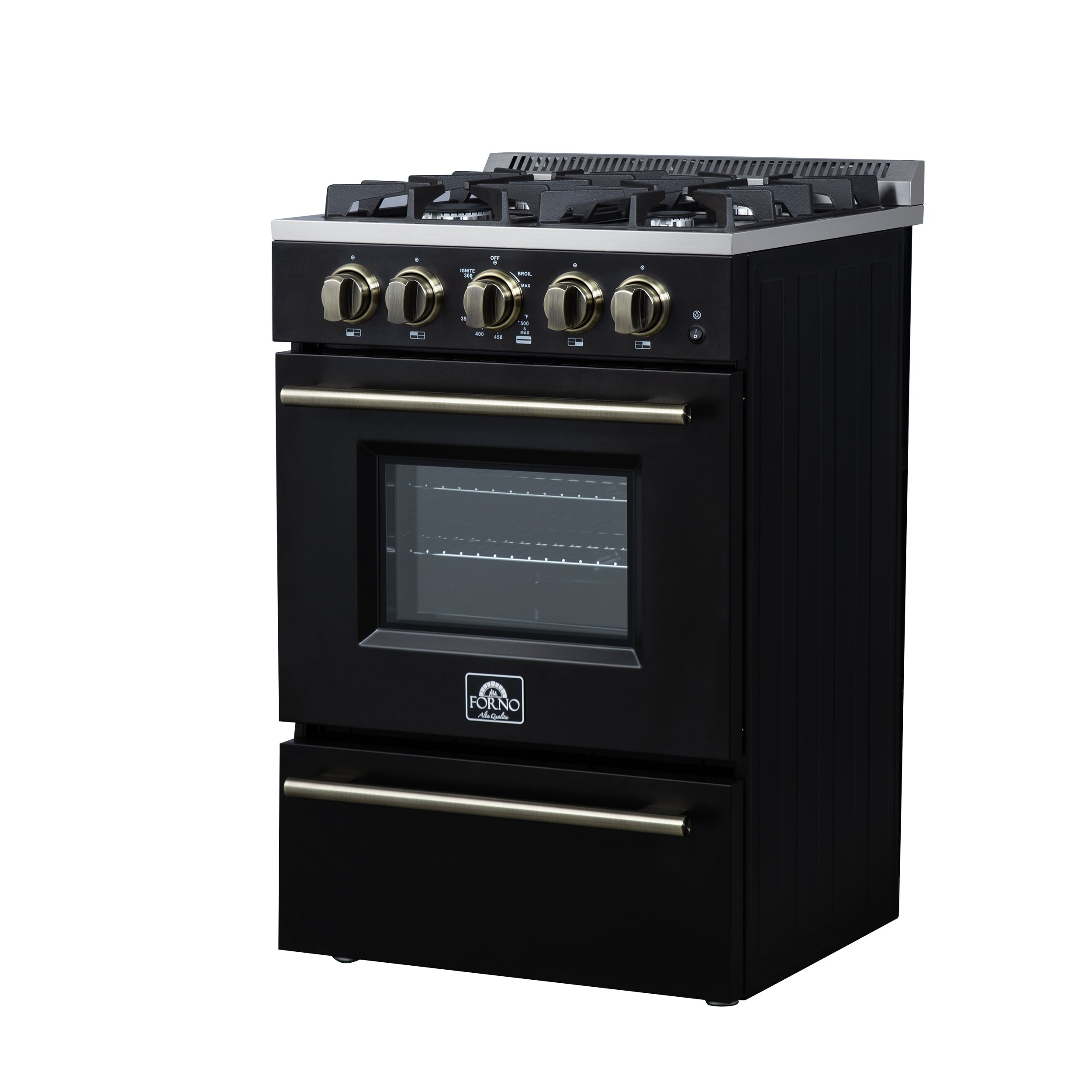 Forno Breno 24-Inch Freestanding Gas Range, 2.3 Cu. Ft. Oven, 4 Sealed Burners, Storage Drawer, Air Fryer Kit, Black with Antique Brass Accents (FFSGS6272-24BLK)
