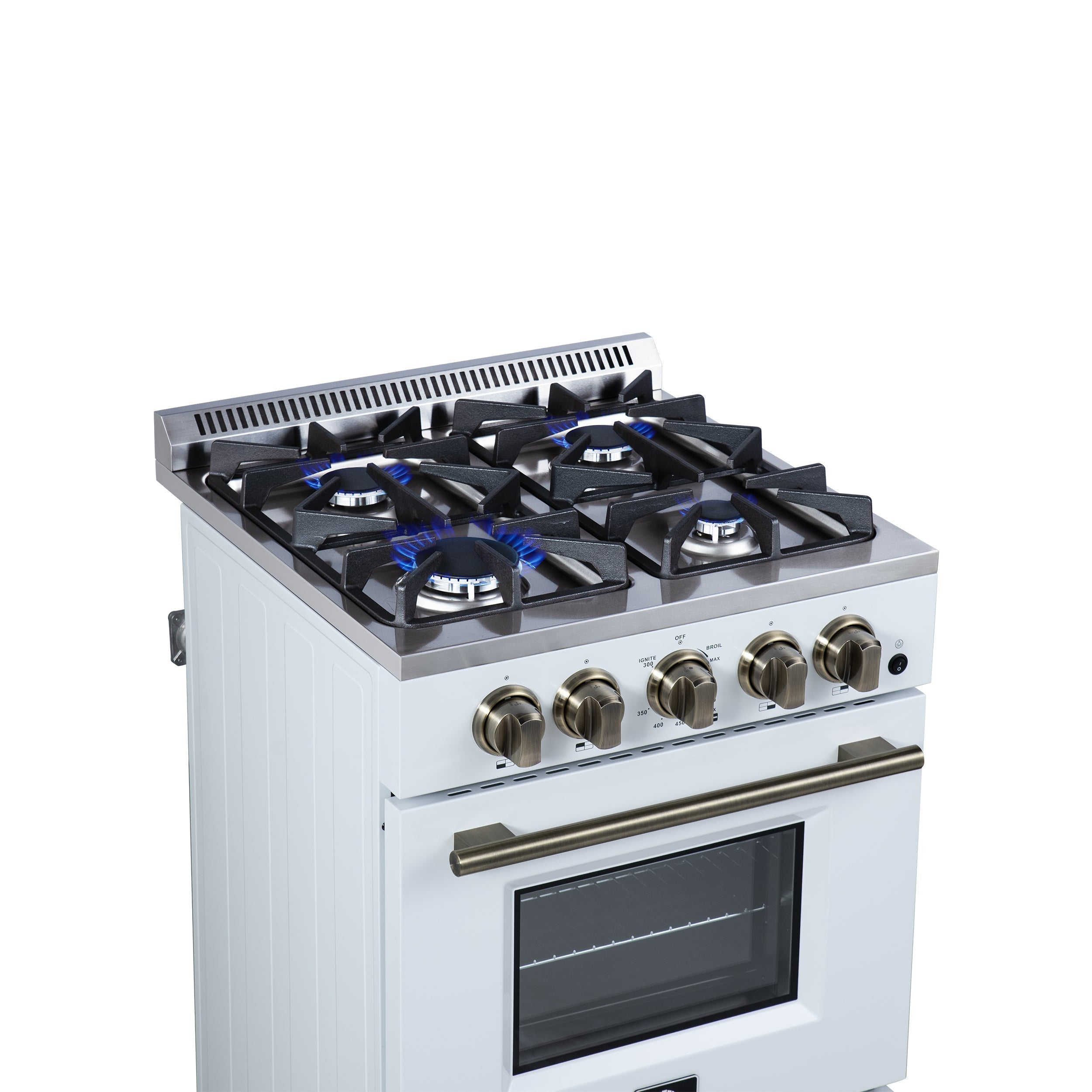 FORNO Breno 24-Inch Freestanding Gas Range, 2.3 cu. ft. Oven, 4 Sealed Burners, Storage Drawer, Air Fryer Kit, White with Antique Brass Accents (Model FFSGS6272-24WHT)